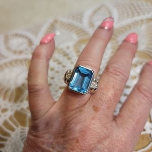Rare vintage Judith Ripka sterling silver blue topaz and diamond ring
